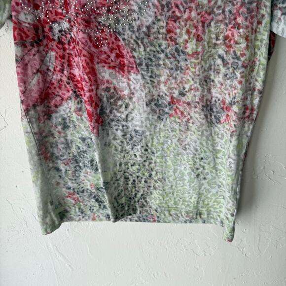 Laura Petites Y2k Small Floral Water Colored Rhinestone Short Slv Semi Sheer Top - Picture 3 of 9